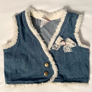 Vtg Hopscotch Cradle Togs Baby Denim Vest Sherpa Trim Lace Bow 6-9M cotton